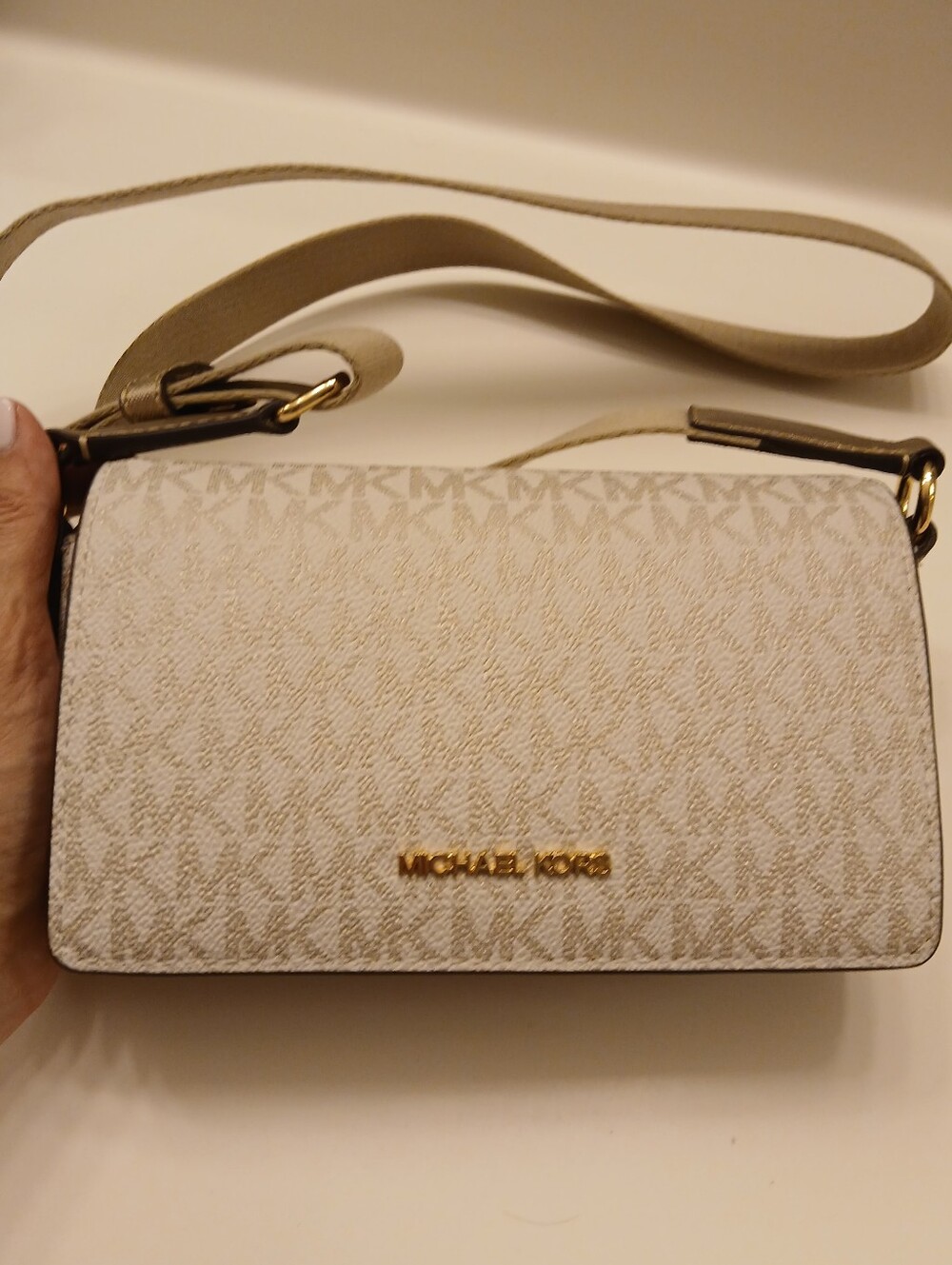 Michael Kors Beige Signature Crossbody Bag with Gold Hardware